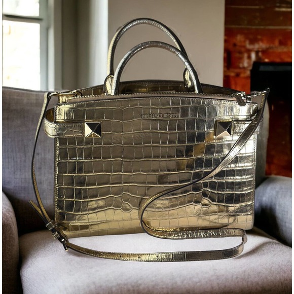 Michael Kors Gold Karla Satchel Shoulder Bag Handbag Purse Embossed Leather - Picture 9 of 16